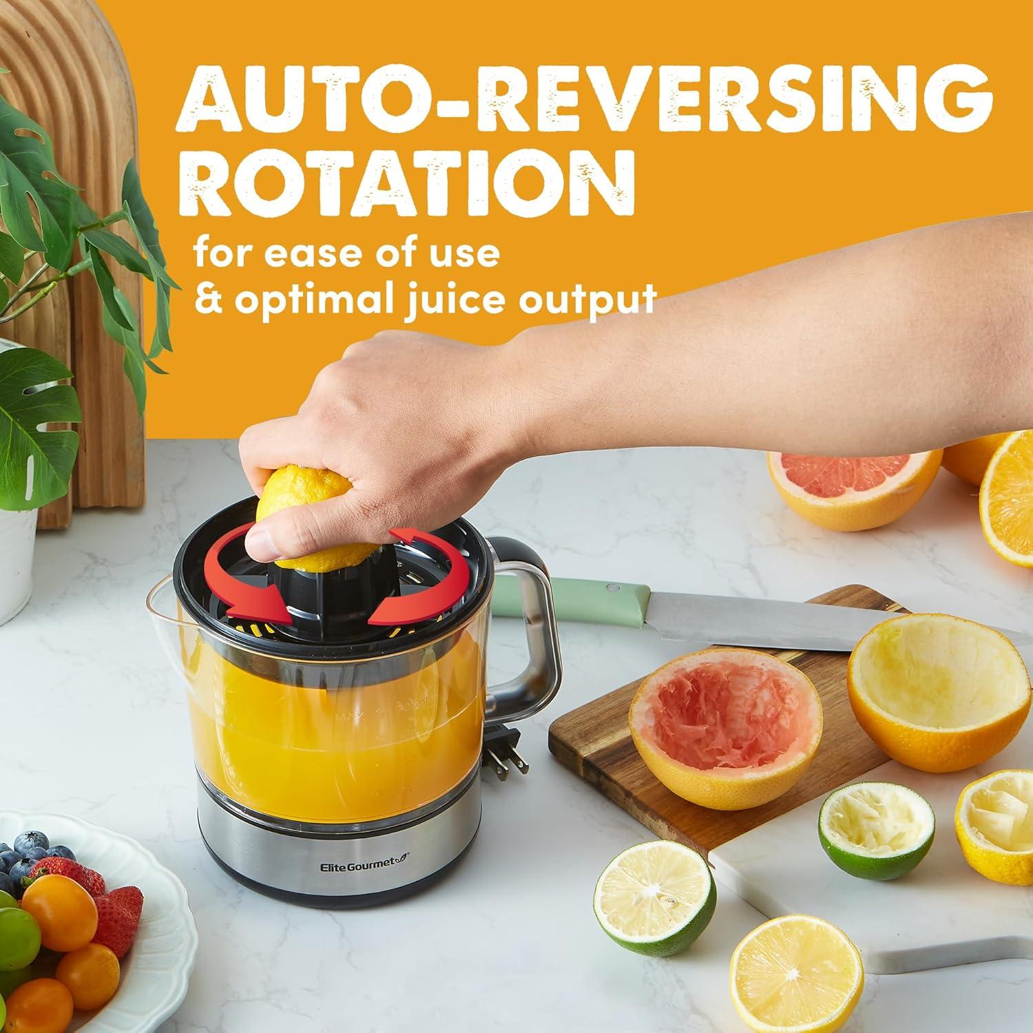 imageElite Gourmet ETS740 BPAFree Electric Citrus Juicer with 2 Cones Compact Large Volume Pulp Control Oranges Lemons Limes Grapefruits with Easy Pour Spout 12L BlackStainless Steel24 ounce
