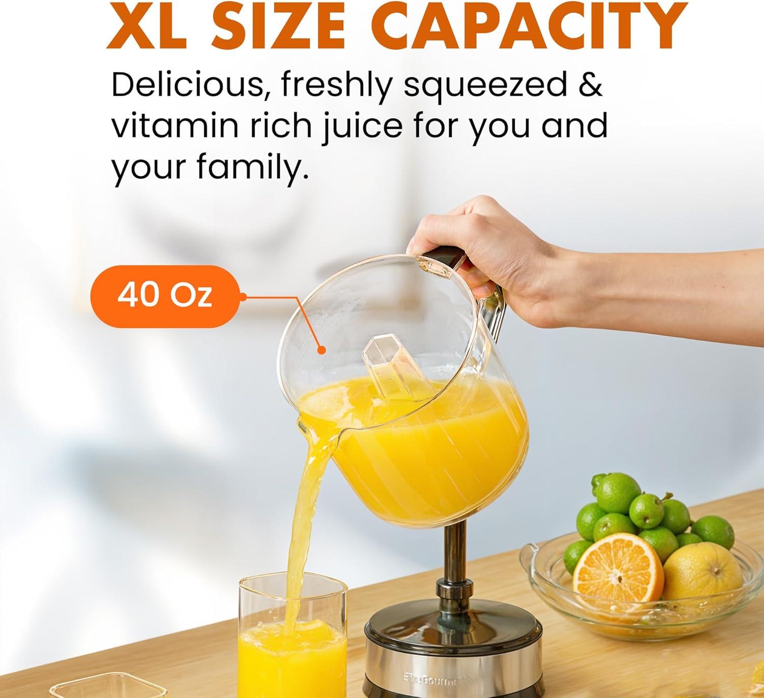 imageElite Gourmet ETS740 BPAFree Electric Citrus Juicer with 2 Cones Compact Large Volume Pulp Control Oranges Lemons Limes Grapefruits with Easy Pour Spout 12L BlackStainless Steel40 ounce