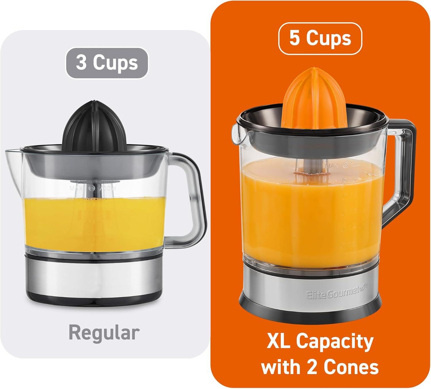 imageElite Gourmet ETS740 BPAFree Electric Citrus Juicer with 2 Cones Compact Large Volume Pulp Control Oranges Lemons Limes Grapefruits with Easy Pour Spout 12L BlackStainless Steel40 ounce