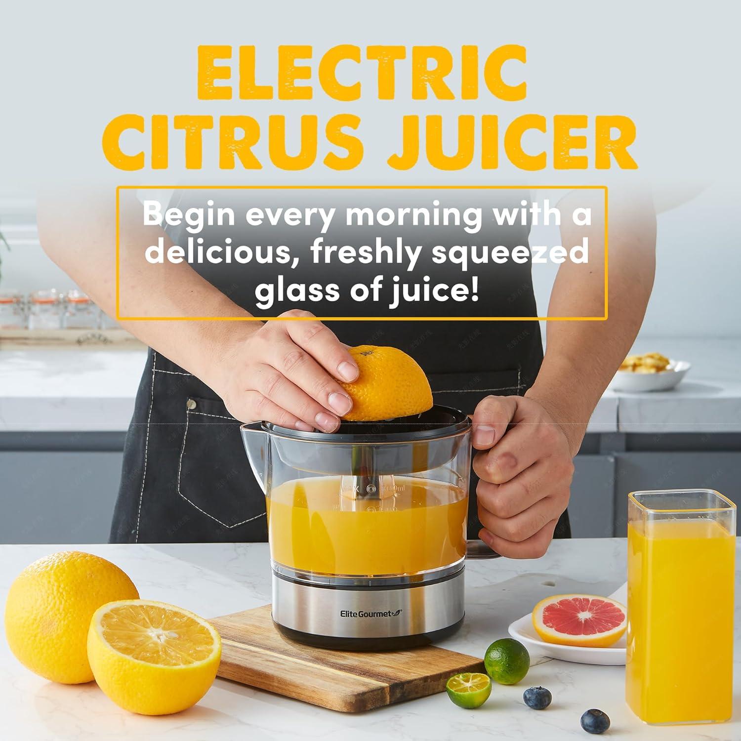 imageElite Gourmet ETS740 BPAFree Electric Citrus Juicer with 2 Cones Compact Large Volume Pulp Control Oranges Lemons Limes Grapefruits with Easy Pour Spout 12L BlackStainless Steel24 ounce
