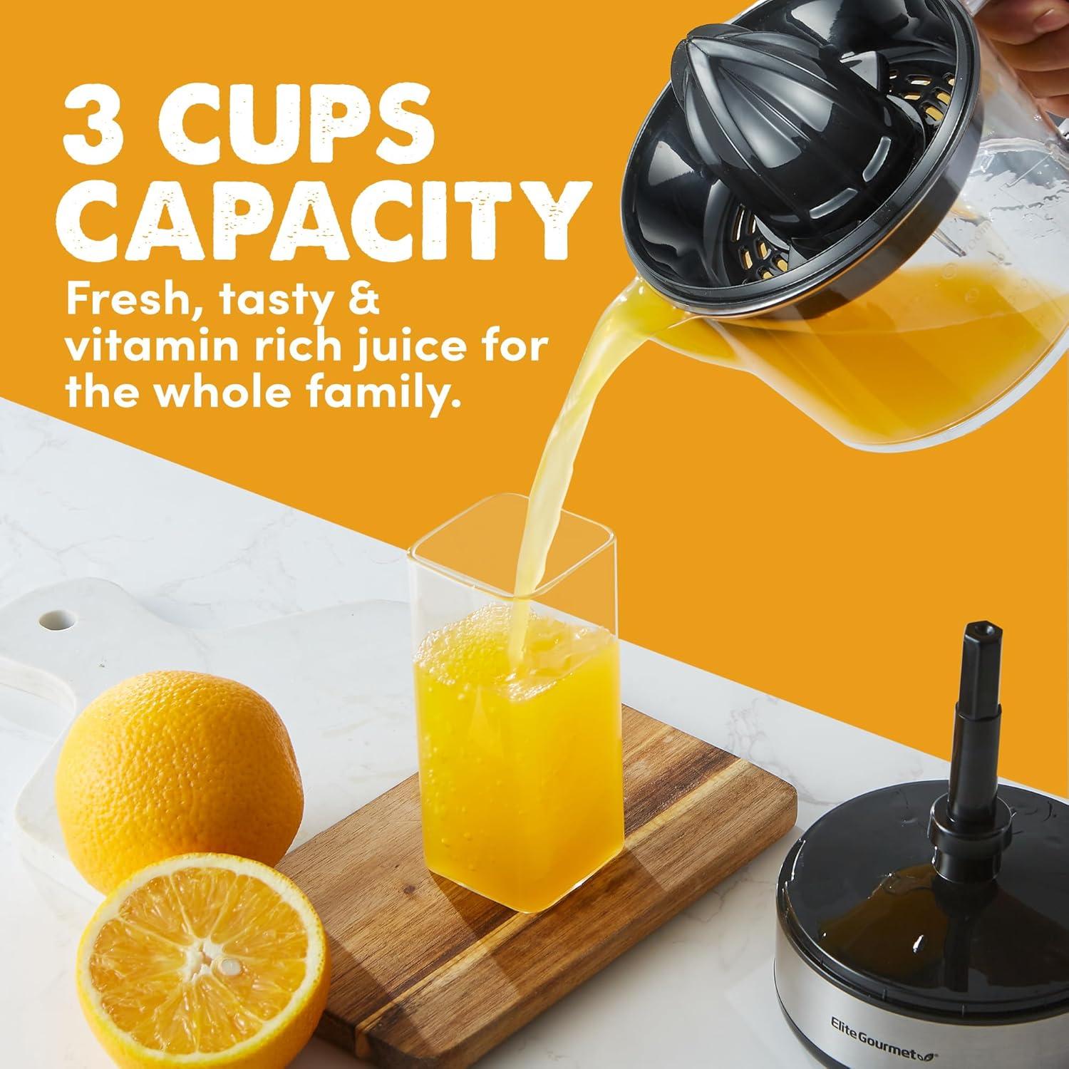 imageElite Gourmet ETS740 BPAFree Electric Citrus Juicer with 2 Cones Compact Large Volume Pulp Control Oranges Lemons Limes Grapefruits with Easy Pour Spout 12L BlackStainless Steel24 ounce