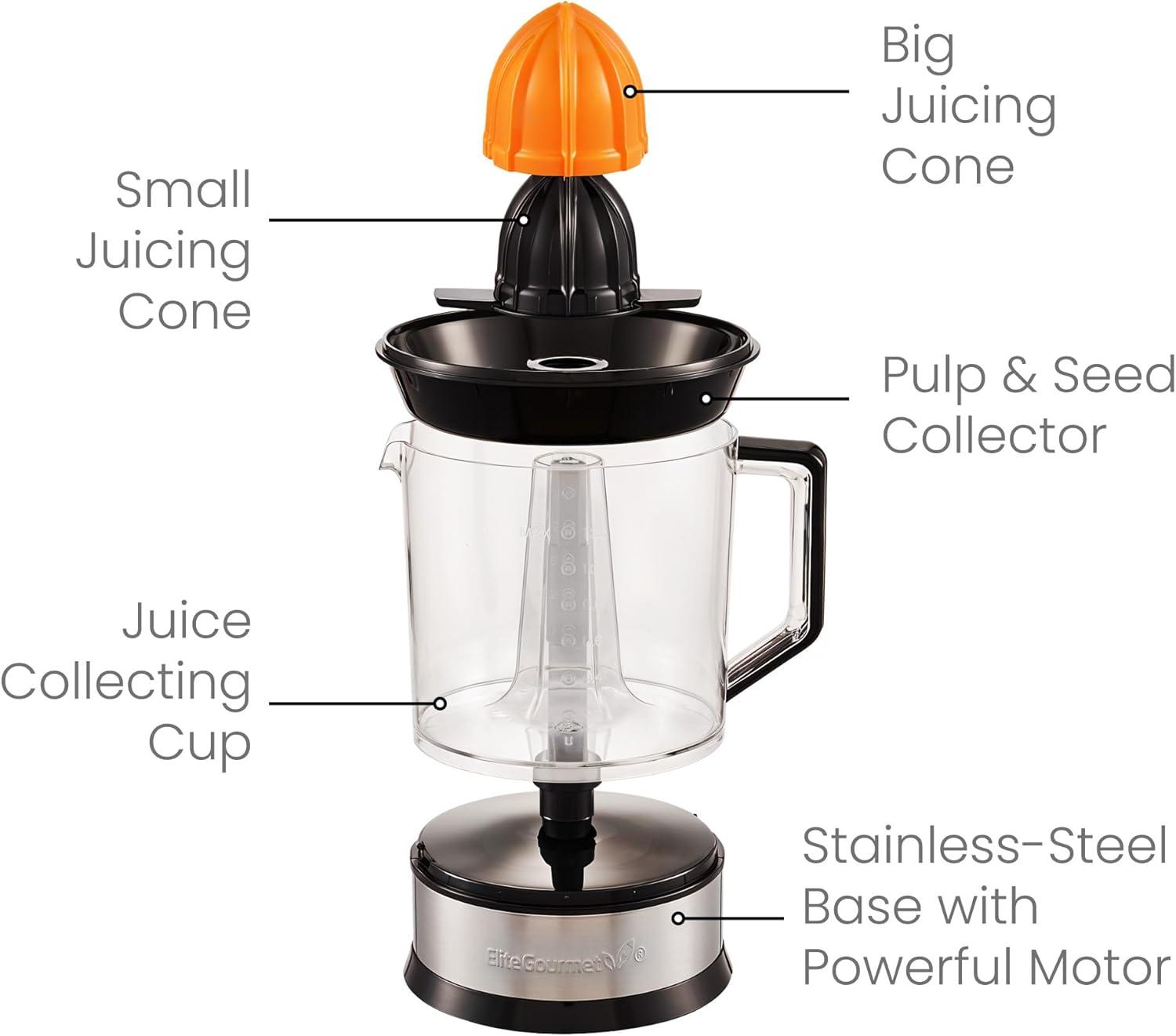 imageElite Gourmet ETS740 BPAFree Electric Citrus Juicer with 2 Cones Compact Large Volume Pulp Control Oranges Lemons Limes Grapefruits with Easy Pour Spout 12L BlackStainless Steel40 ounce