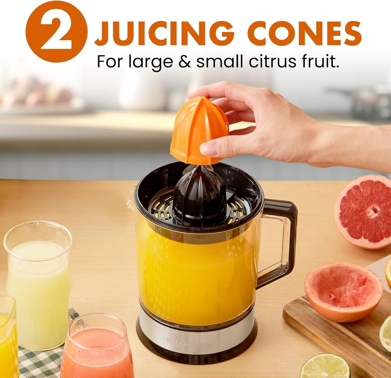 imageElite Gourmet ETS740 BPAFree Electric Citrus Juicer with 2 Cones Compact Large Volume Pulp Control Oranges Lemons Limes Grapefruits with Easy Pour Spout 12L BlackStainless Steel40 ounce