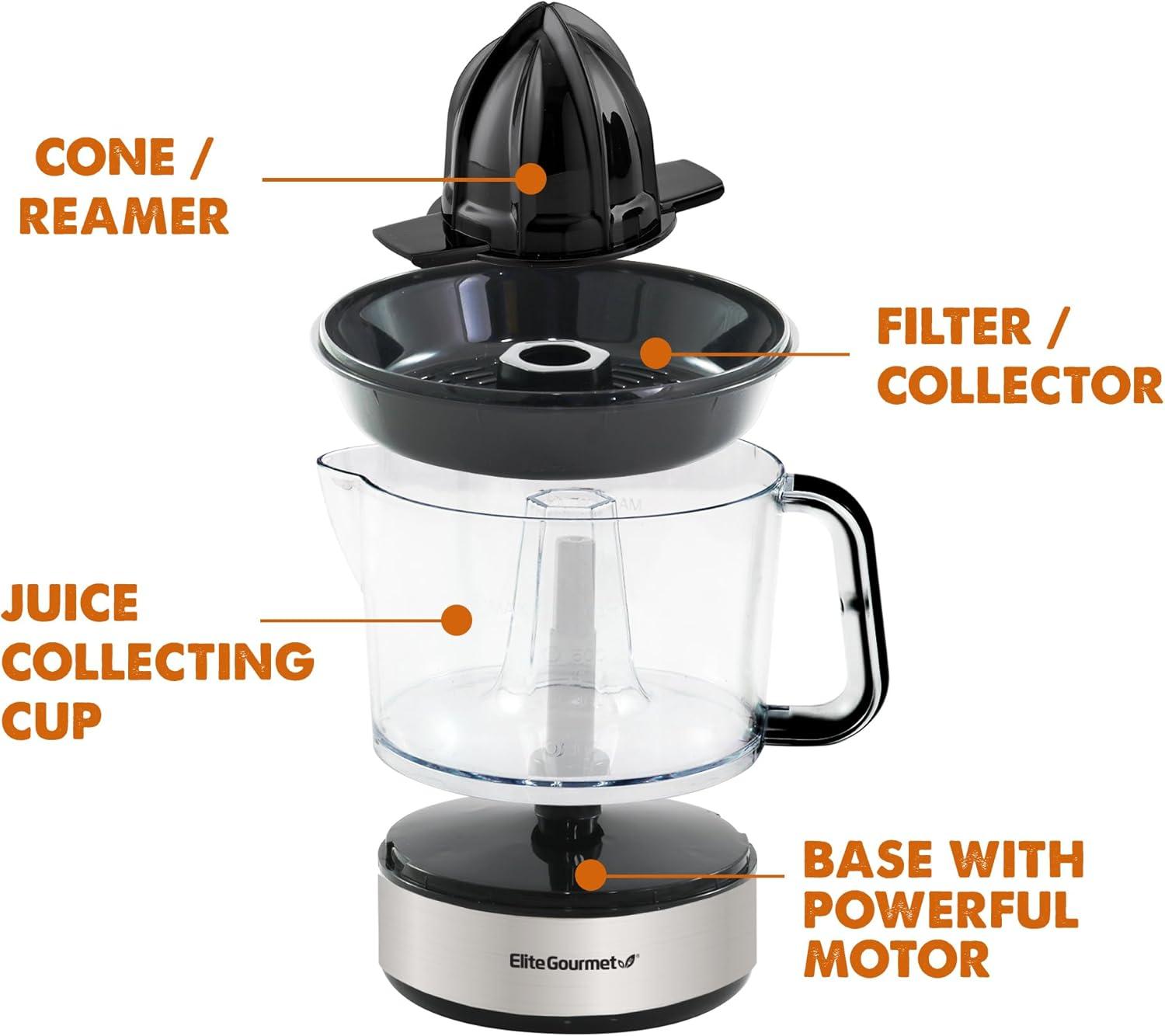 imageElite Gourmet ETS740 BPAFree Electric Citrus Juicer with 2 Cones Compact Large Volume Pulp Control Oranges Lemons Limes Grapefruits with Easy Pour Spout 12L BlackStainless Steel24 ounce