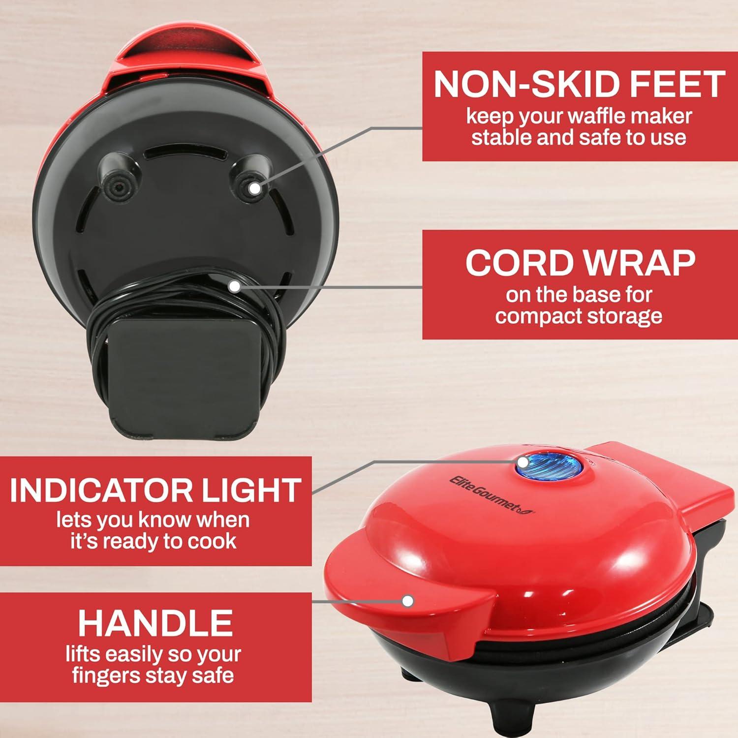 imageElite Gourmet EWM015R Electric Nonstick 45inch Mini Waffle Maker Belgian Waffles Compact Design Hash Browns Keto Snacks Sandwich Eggs Easy to Clean RedRed