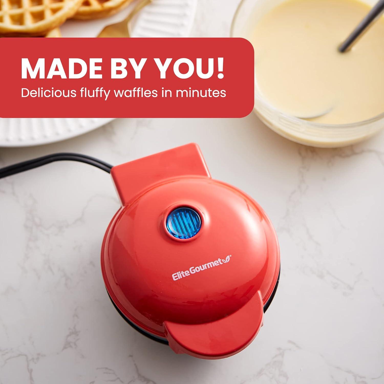 imageElite Gourmet EWM015R Electric Nonstick 45inch Mini Waffle Maker Belgian Waffles Compact Design Hash Browns Keto Snacks Sandwich Eggs Easy to Clean RedRed