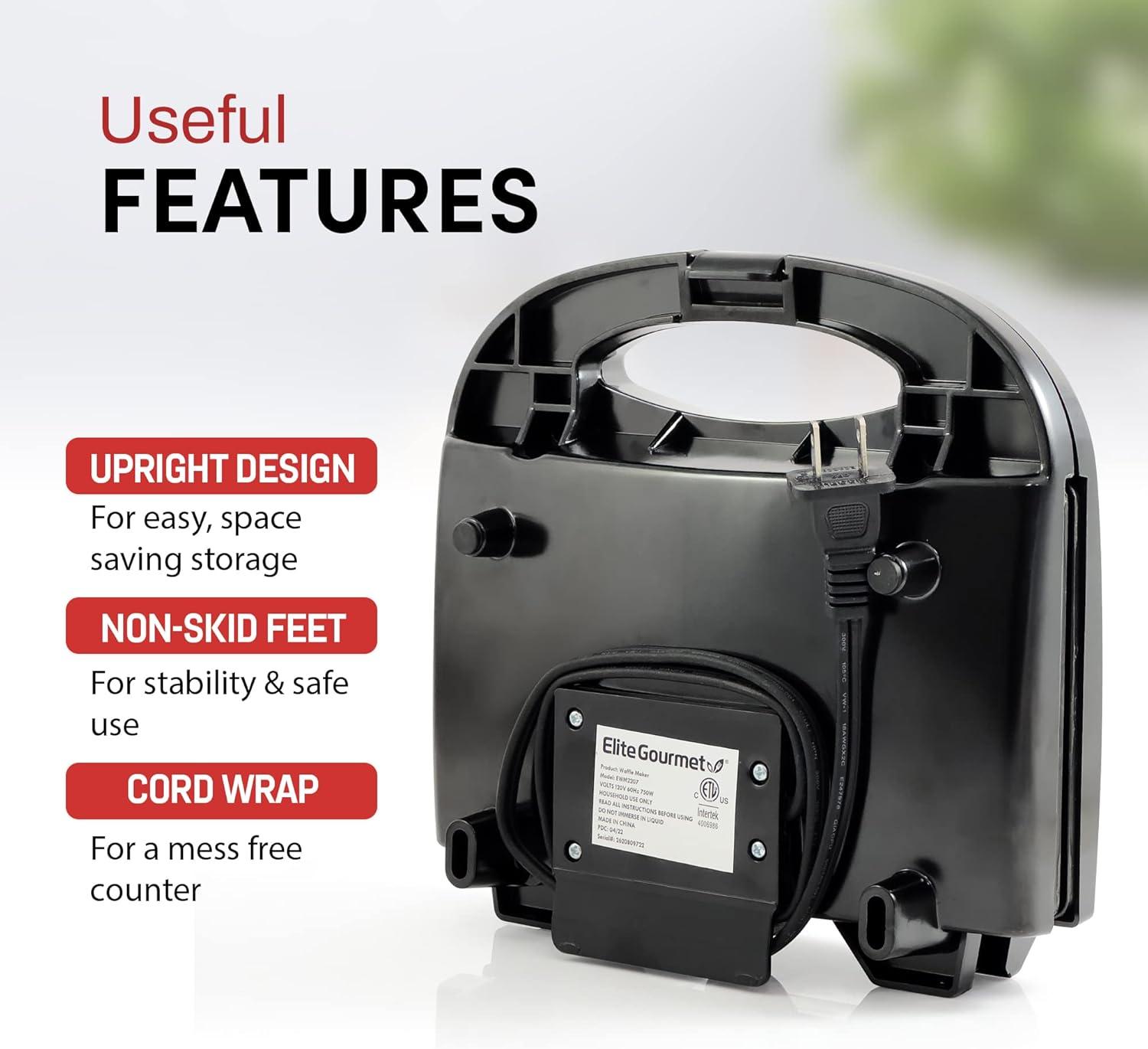imageElite Gourmet MaxiMatic Electric Nonstick Belgian Waffle Iron Snack Maker Machine Breakfast Sandwiches Compact ampamp Portable 2 Slice BlackWaffle