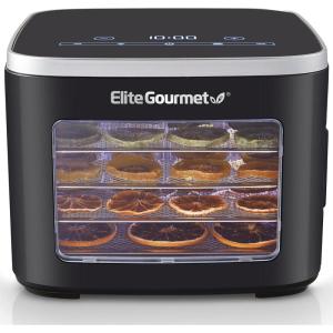 imageElite Gourmet EFD809D Food Dehydrator with 5 Stainless Steel Trays Adjustable Temp ampamp Time  Keep Warm Includes Interior Light Fruit Roll Tray and Recipe Booklet BlackBlack