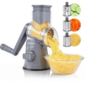 imageElite Gourmet EFP593 Rotary Cheese Grater with 3 StainlessSteel Blades for Slicing Shredding ampamp Fine Shredding Strong Suction Base DishwasherSafe Grey