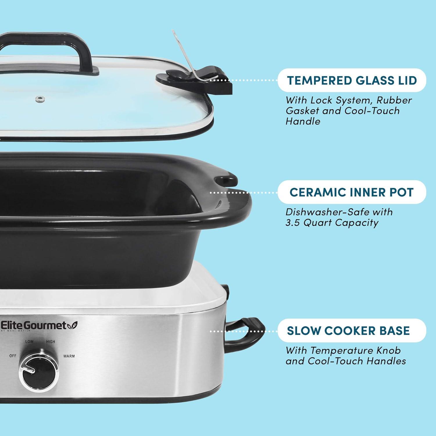 imageElite Gourmet MST5240SS Crock Slow Cooker Locking Lid Adjustable Temperature Keep Warm Oven ampamp DishwasherSafe Casserole Pan 35Qt Capacity Stainless SteelStainless Steel