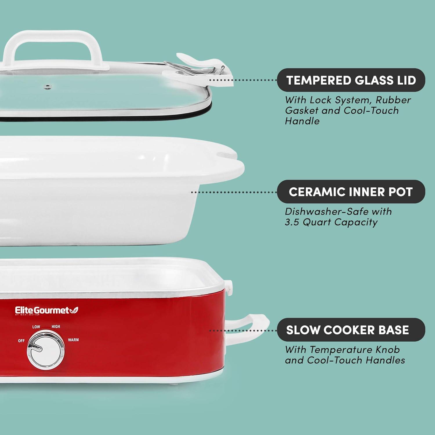 imageElite Gourmet MST5240SS Crock Slow Cooker Locking Lid Adjustable Temperature Keep Warm Oven ampamp DishwasherSafe Casserole Pan 35Qt Capacity Stainless SteelRed