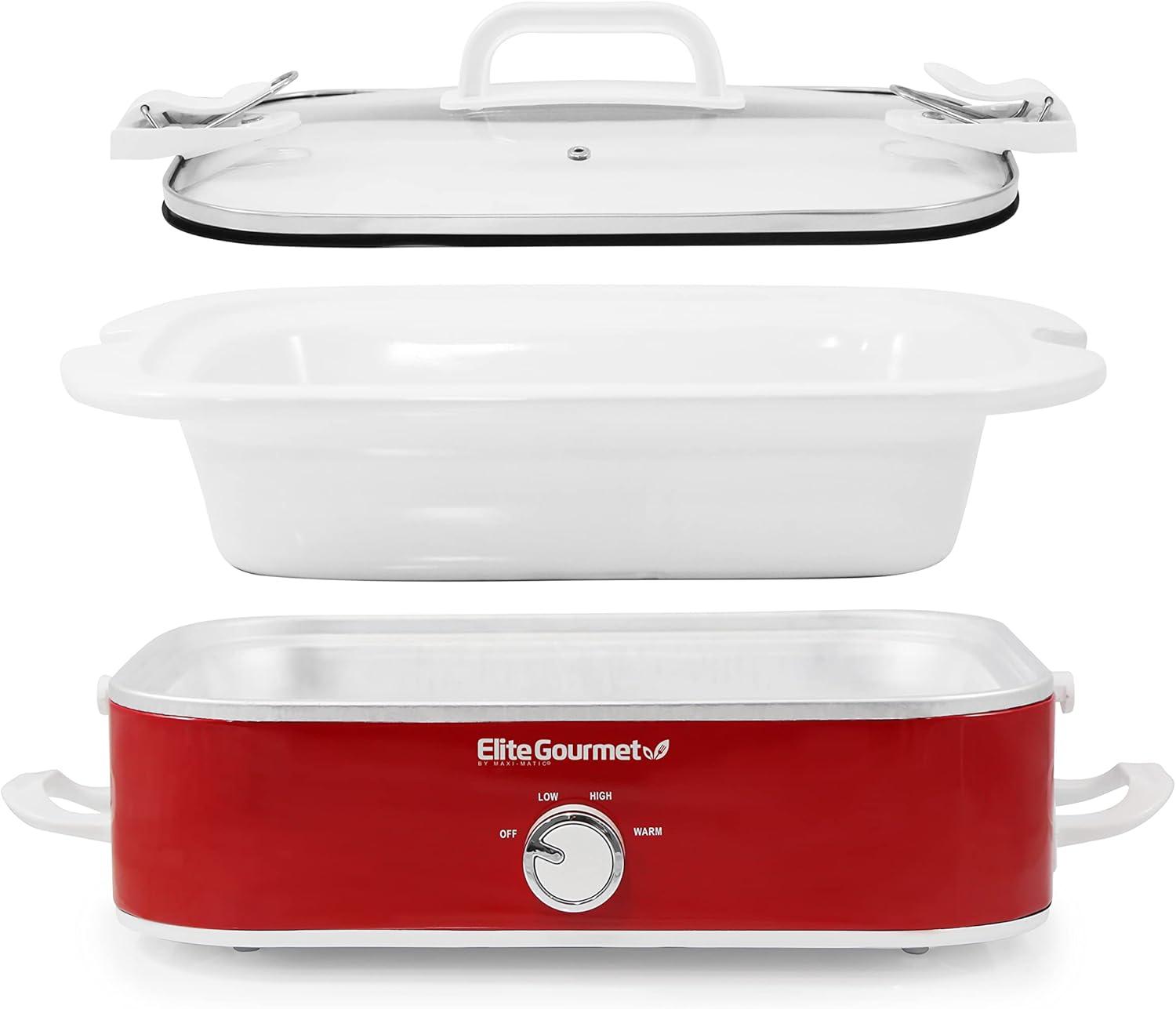 imageElite Gourmet MST5240SS Crock Slow Cooker Locking Lid Adjustable Temperature Keep Warm Oven ampamp DishwasherSafe Casserole Pan 35Qt Capacity Stainless SteelRed