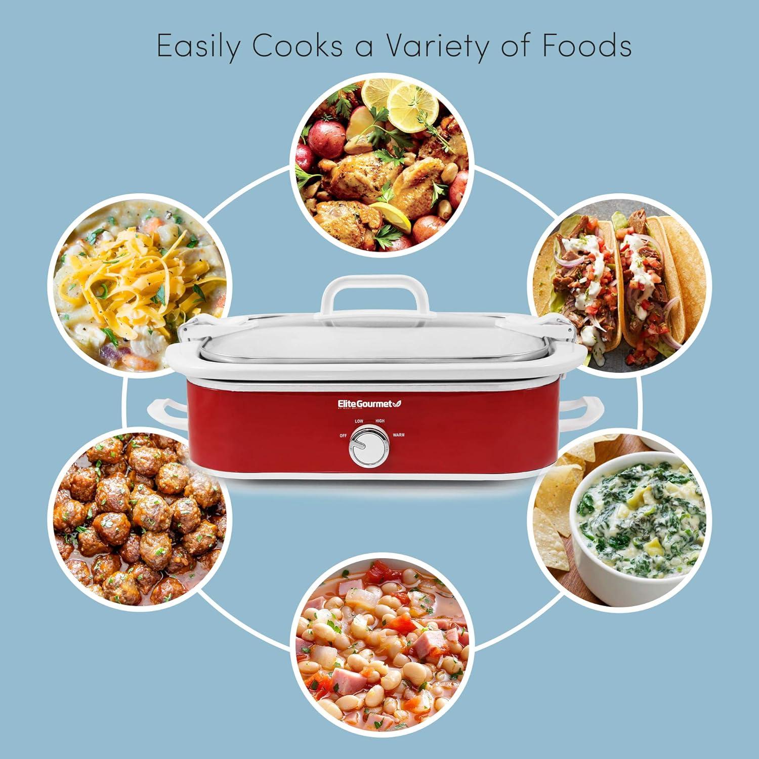 imageElite Gourmet MST5240SS Crock Slow Cooker Locking Lid Adjustable Temperature Keep Warm Oven ampamp DishwasherSafe Casserole Pan 35Qt Capacity Stainless SteelRed