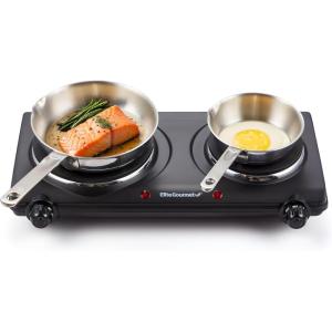 imageElite Gourmet EDB302BF Countertop Double Cast Iron Burner 1500 Watts Electric Hot Plate Temperature Controls Power Indicator Lights Easy to Clean BlackDouble