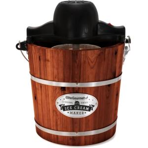 imageElite Gourmet EIM418 Old Fashioned 4 Quart Vintage Walnut Wood Bucket Electric Ice Cream Maker Machine Uses Ice and Rock Salt Churns Ice Cream in MinutesWalnut