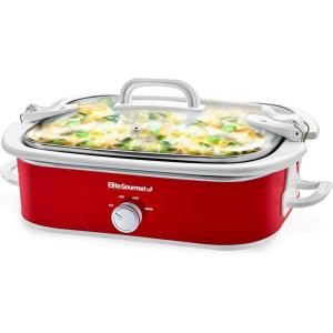imageElite Gourmet MST5240SS Crock Slow Cooker Locking Lid Adjustable Temperature Keep Warm Oven ampamp DishwasherSafe Casserole Pan 35Qt Capacity Stainless SteelRed