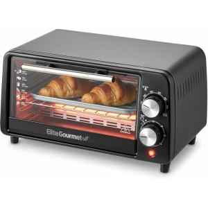 imageElite Gourmet ETO449 9L  4Slice Countertop Toaster Oven Compact Design 30Min Timer Adjustable Temp up to 450F 800W Quartz Heating DropDown Crumb Tray Bake Broil Toast Black